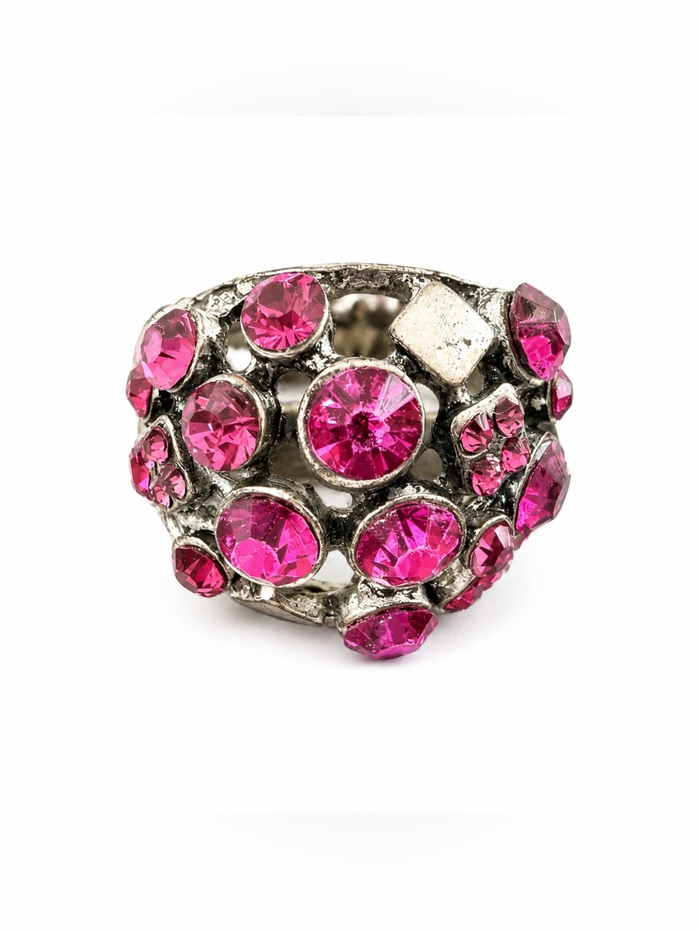 Bright Pink Multi Stone and Silver Tone Stretch Ring One Size